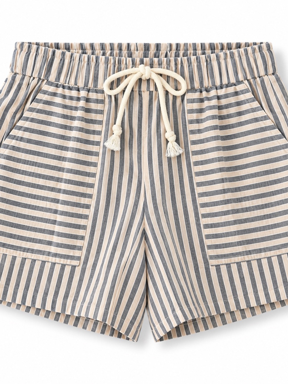 Striped Drawstring Women’s Athletic Shorts in Beige and Gray